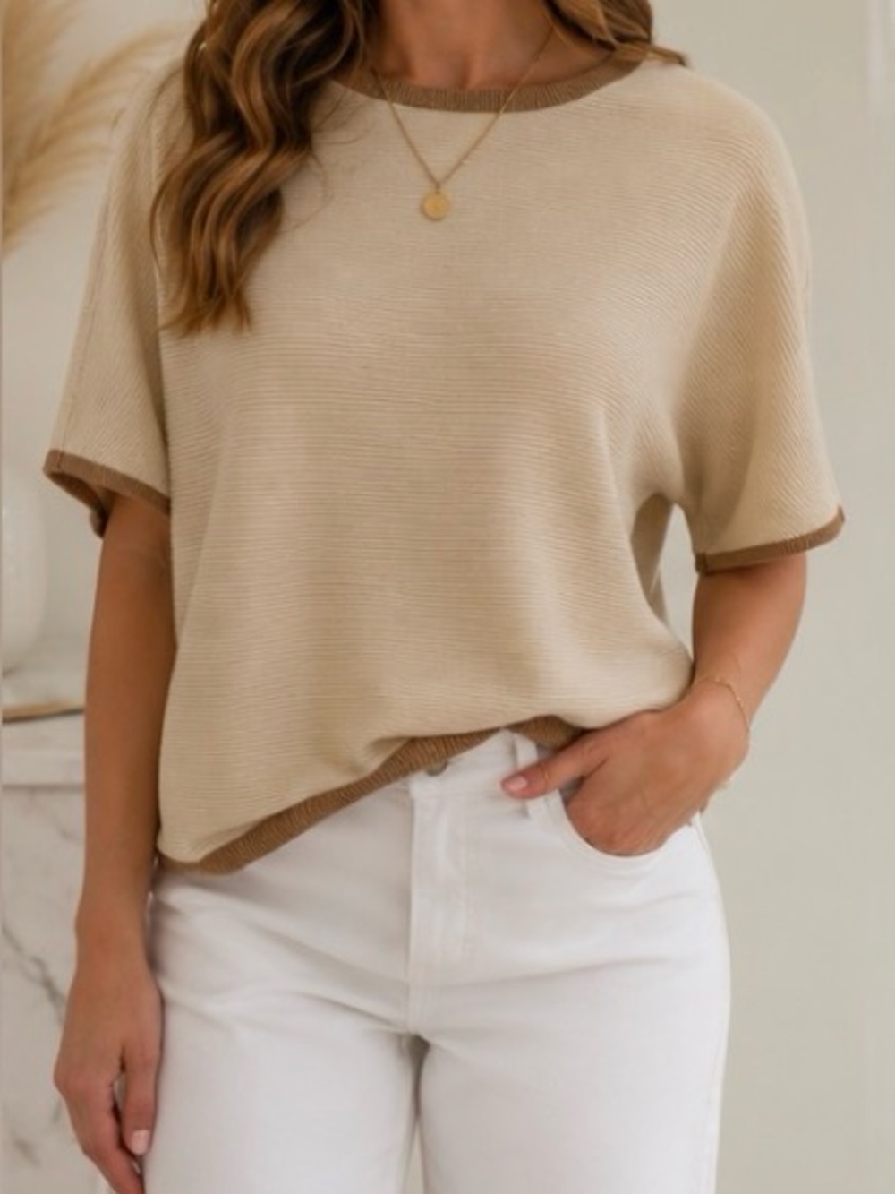Vila Milano Ribbed Knit Sweater Top NWT Medium Vanilla Allspice Gold Metallic